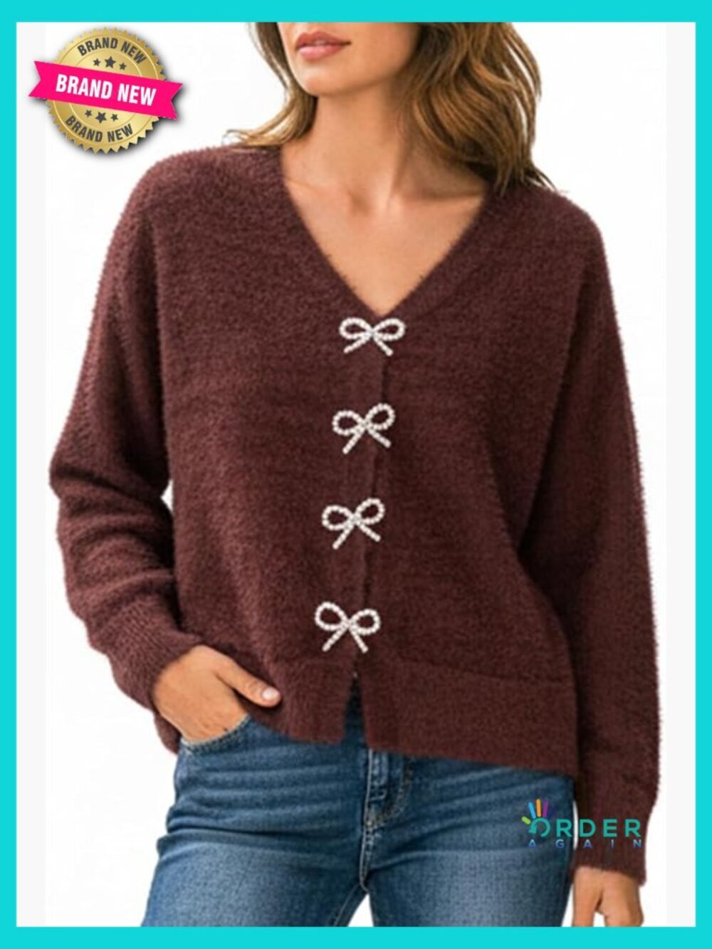 Long Sleeve Knit Cardigan Bow Buttons Open Front Lightweight Sweater